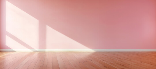 Modern pink Interior with geometrical sunlight and shadows. Empty wall mockup, banner format