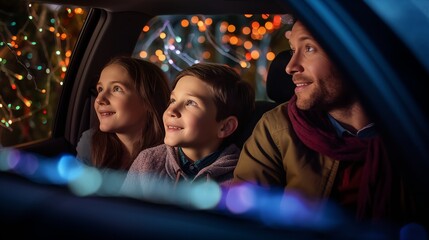 a family sitting in the back of a car, faces illuminated by the glow of a drive-through Christmas light display.