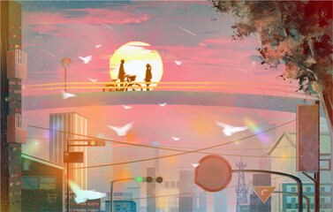 Boy and girl meet on the bridge of cityscape original picture digital art illustration hd wallpaper 