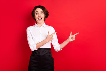 Photo of impressed nice brunette hair lady point empty space wear shirt isolated on red color background - obrazy, fototapety, plakaty