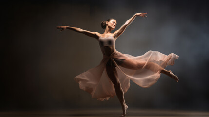 a beautiful young woman is dancing in a flowing and waving dress isolated on the background