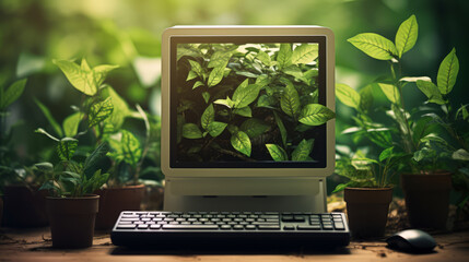 Green computing concept. An old desktop computer is standing on the table with green foliage 