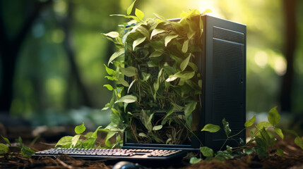 Green computing concept. An old desktop computer is standing on the table with green foliage growing from the inside