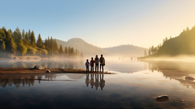 a family's reflection in a calm lake during a camping trip