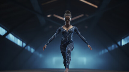 A female gymnast is performing a routine wearing a leotard