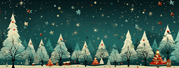 Beautiful wide horizontal Xmas banner background illustration with Christmas trees and snow in winter - obrazy, fototapety, plakaty