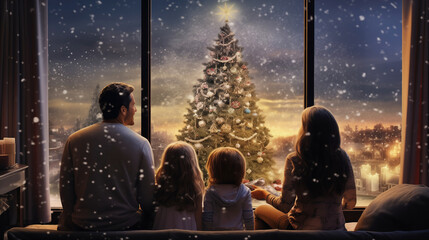 a family gathered in the living room, watch snow falling with big Christmas tree outside through a large window.