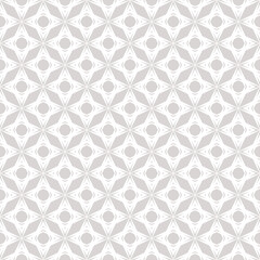 Vector geometric floral pattern. Subtle abstract seamless texture with diamond grid, stars, flower silhouettes, net, lattice. Gray and white ornamental background. Repeat geo design for decor, print