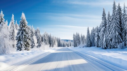 Fototapeta na wymiar Winter Wonderland Road: A picturesque snowy road winds through a pristine landscape, capturing the serene beauty and challenges of winter travel