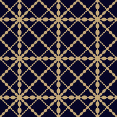 Vector seamless geometric pattern with curved line, mesh, lattice. Gold and black abstract background, stylish grid texture. Simple luxury repeat ornament for decoration, wallpaper, package, cover