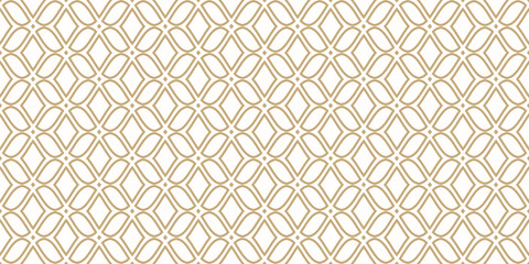 Seamless pattern design, abstract geometric shapes, gold and white arabesque background. Luxury oriental style texture with linear curved lattice. Vector repeat ornament for decor, print, wallpaper