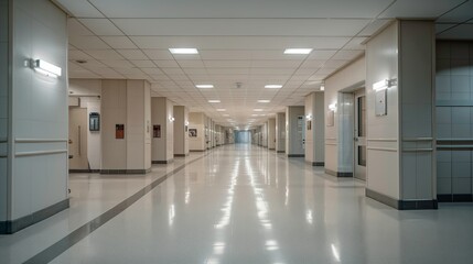 Langer, weißer Flur in einem Krankenhaus mit sanfter Beleuchtung
