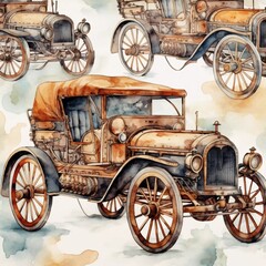 Fototapeta na wymiar Watercolor hand drawn artistic retro steampunk car vintage pattern, AI generator