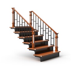 Wooden stairs with black railings on white background, AI