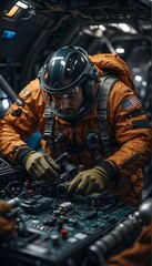 an astronaut repairing the spacecraft Concept: repair, space, professions, spacecraft