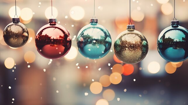 Generative AI, Christmas and new year balls on blurred background, holidays concept, festive winter season background..