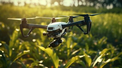 Agriculture from Above: Witness modern farming techniques in action with a drone quadcopter equipped with a high-resolution camera soaring above a lush green cornfield