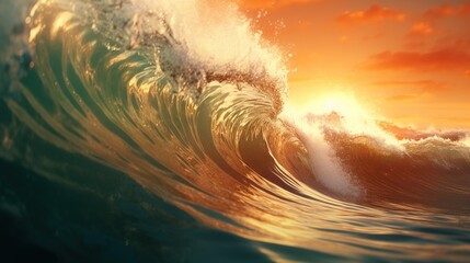 A big breaking ocean wave with white foam. Stormy heavy sea. A strong storm with big waves in the ocean. Tropical sunset background. Illustration for banner, poster, cover, brochure or presentation. © Login