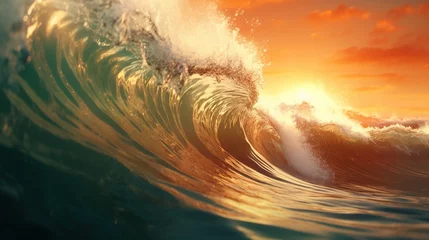 Poster A big breaking ocean wave with white foam. Stormy heavy sea. A strong storm with big waves in the ocean. Tropical sunset background. Illustration for banner, poster, cover, brochure or presentation. © Login