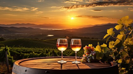 A bunch of grapes and two glasses of wine stand on a wooden barrel at sunset hour against a...