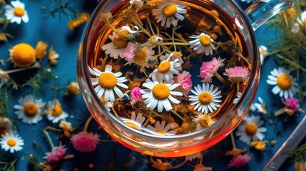 A clear tea cup with herbal tea and chamomile flowers in it. The concept of traditional medicine. A warm aromatic drink for a cozy atmosphere. Illustration for flyer, poster, cover or brochure.