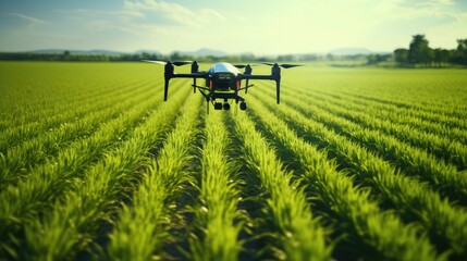 Agriculture from Above: Witness modern farming techniques in action with a drone quadcopter equipped with a high-resolution camera soaring above a lush green cornfield - obrazy, fototapety, plakaty