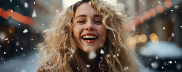 Outdoor portrait of a young beautiful happy smiling girl posing on the street - obrazy, fototapety, plakaty