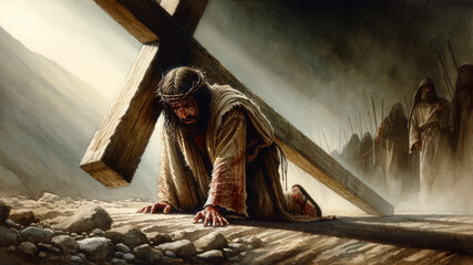 The Road to Golgotha: Painting of Jesus Carrying his Cross on the Ground during the Passion of Christ.