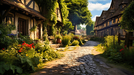 Charming cobblestone street winding through a historic village - obrazy, fototapety, plakaty