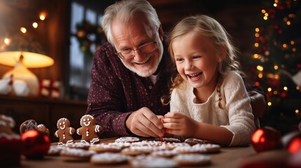 a grandparent and grandchild decorating gingerbread cookies at Holiday season