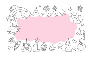Set Cute badges, cartoon birthday attributes  Birthday. Frame, banner.  Children's holiday, magical doodles. Vector illustration, sketch. Sweets, candles, cap, crown, numbers. Line icons.