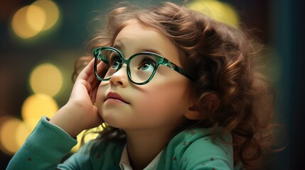 Visual Clarity Exam: A young girl undergoes an eye examination with green eyeglasses, protecting and enhancing her vision for a bright future