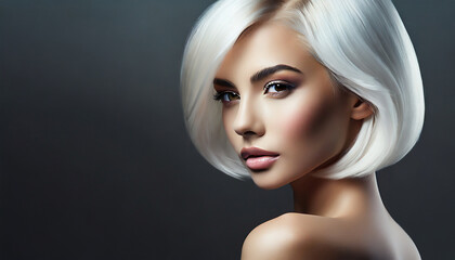 glamorous charming young woman fashion model have white dyed tint hair on a black bakground