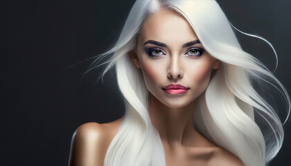 glamorous charming young woman fashion model have white dyed tint hair on a black bakground