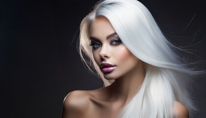 glamorous charming young woman fashion model have white dyed tint hair on a black bakground