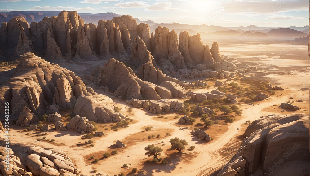 Poster an aerial view of a desert with rocks and sand - ai generative