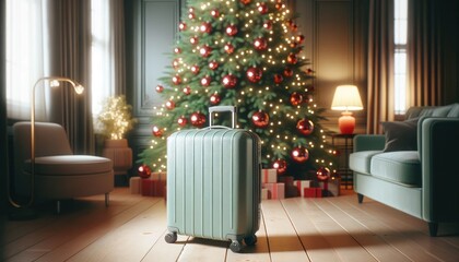 A green suitcase stands on a wooden floor against a backdrop of a beautifully decorated christmas tree