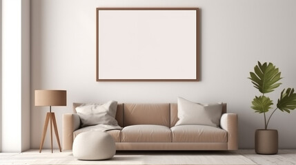 Fototapeta na wymiar cozy interior of living room space with brown sofa,lamp,and coffee table.home decor. Generative Ai