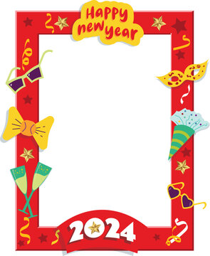 Vector Frame for photos or decoration in new year red color with yellow for 2024. Photo booth