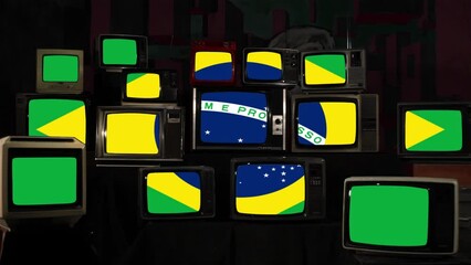 Flag of Brazil in Vintage Televisions. 4K Resolution.