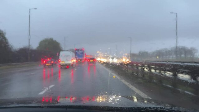 Drivers view during heavy rain storm on a motorway