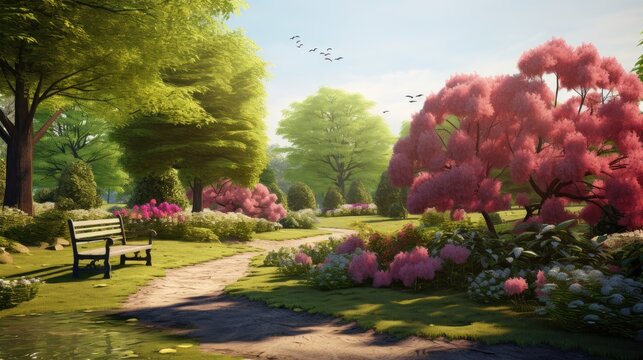 A Captivating Spring Park: Enjoy the beauty of a lovely spring landscape park adorned with vibrant blooming flowers, a perfect image of nature's renewal