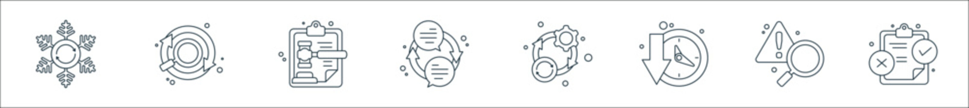 Outline Set Of Business Continuity Line Icons. Linear Vector Icons Such As Cooling, Monitoring, Compliance, Communication, Adaptation, Down Time, Awareness, Testing