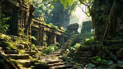 Enigmatic ruins of an ancient civilization hidden in the jungle - obrazy, fototapety, plakaty