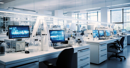 Modern laboratory interior with monitoring screens and scientist's equipment