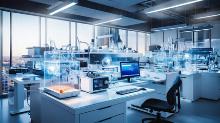 Modern laboratory interior with monitoring screens and scientist's equipment