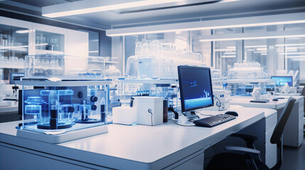Fototapeta na wymiar Modern laboratory interior with monitoring screens and scientist's equipment