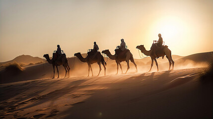 Beduin's caravan in African desert at sunset - obrazy, fototapety, plakaty