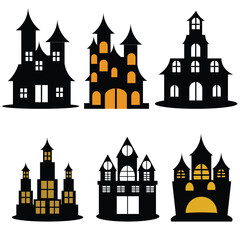 Creepy haunted house for Halloween. Scarey house silhouette. Halloween home castle icons