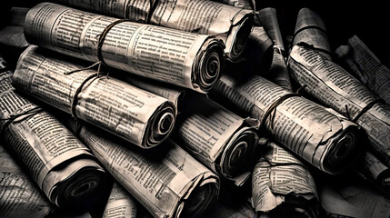 Vintage newsprint texture, Historical pages, Black and white columns with aged patina - obrazy, fototapety, plakaty